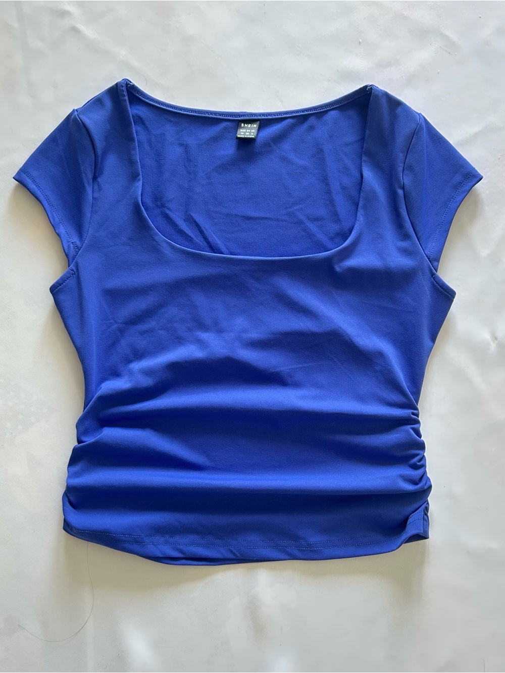 NWOT Medium Cerulean Blue Top Square Neck Cap Sleeves Ruched Stretchy Summer